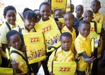 Learners from ZZ2 Primary School in Mooketsi, Limpopo boasting with their brand-new school bags made from recycled billboards.