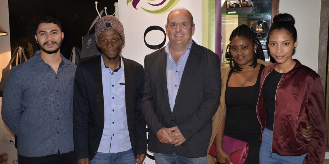 Agricultural students and bursary holders accompanied by Hortgro chairperson and pome director, Nicholas Dicey (middle). From left is Chad van Wyk, Sakata Lebotse, Boitumelo Mokoena and Michaela-Anne White.