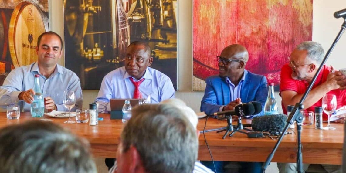 President Cyril Ramaphosa met with farmers at the Beyerskloof wine farm in Stellenbosch. Photo: ANC