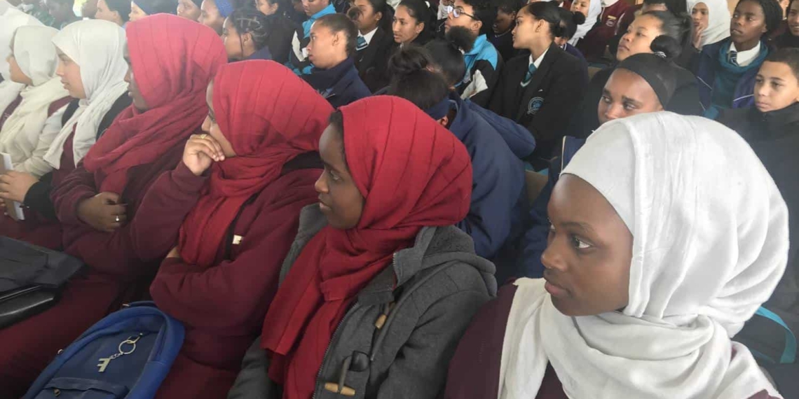 Learners from the Al-Azhar Institute Of Paarl attentively listening to some of the experts speaking during the VKB Food For Mzansi Agri Career Day.
