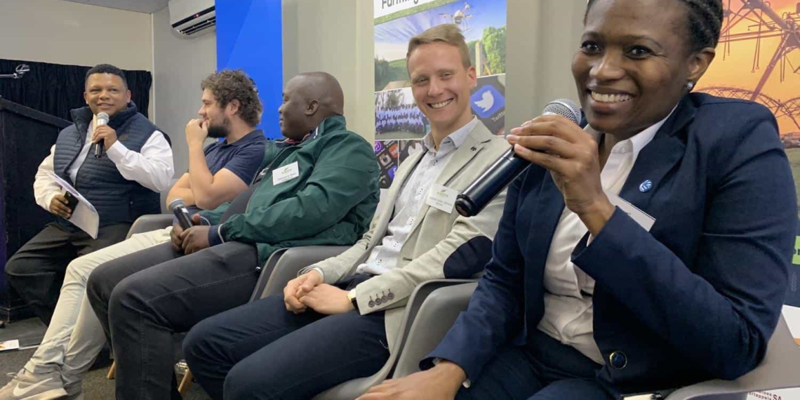 First panel discussion at the fourth Annual AFASA Young Farmers Summit about tech in the agricultural industry. From left is Ivor Price (Food For Mzansi), Matthew Piper (Khula), Olebogeng Mabe (young farmer), Matthew Callcott-Stevens (Gordios Farms) and Dr Nolwazi Mkize (Corteva Agriscience).