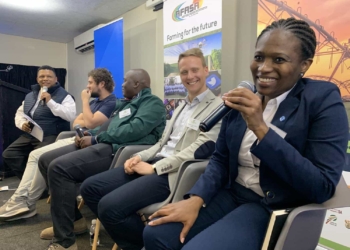 First panel discussion at the fourth Annual AFASA Young Farmers Summit about tech in the agricultural industry. From left is Ivor Price (Food For Mzansi), Matthew Piper (Khula), Olebogeng Mabe (young farmer), Matthew Callcott-Stevens (Gordios Farms) and Dr Nolwazi Mkize (Corteva Agriscience).