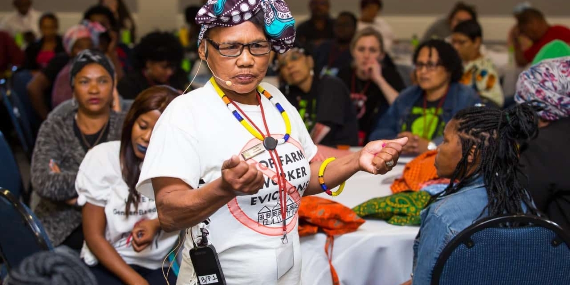 Bettie Fortuin, agri-worker and representative of the Women on Farms Project, addressing agri-workers at the Future of Farmworkers conference held at the University of the Western Cape. Photo: Supplied/Food For Mzansi
