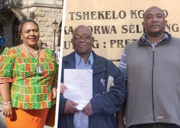 Thoko Didiza, the minister of agriculture, land reform and rural development, and David Rakgase and his son, Mmofa.