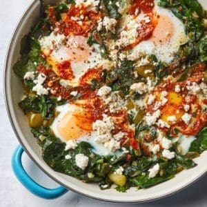 Eggs Shakshuka (eggs poached in a spicy tomato & pepper sauce).