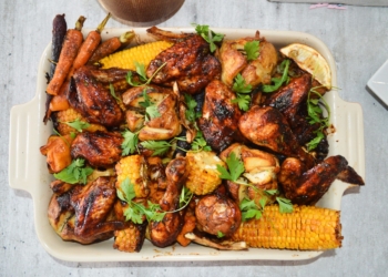 Miranda's sticky roasted chicken with a medley of vegetables.