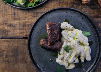 Nompumelelo Mqwebu's amadumbe gnocchi with an ostrich fillet.