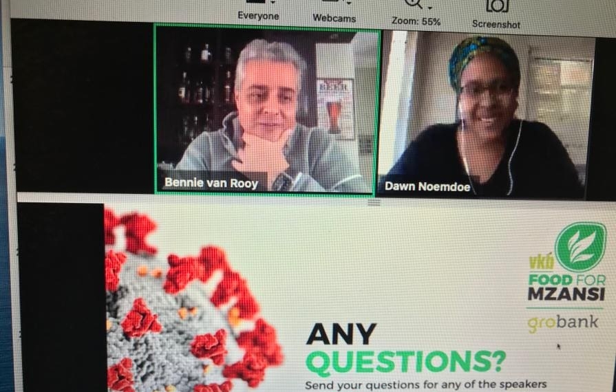 Food For Mzansi editor Dawn Noemdoe in conversation with Grobank CEO Bennie Van Rooy during the historic first farmers' webinar.