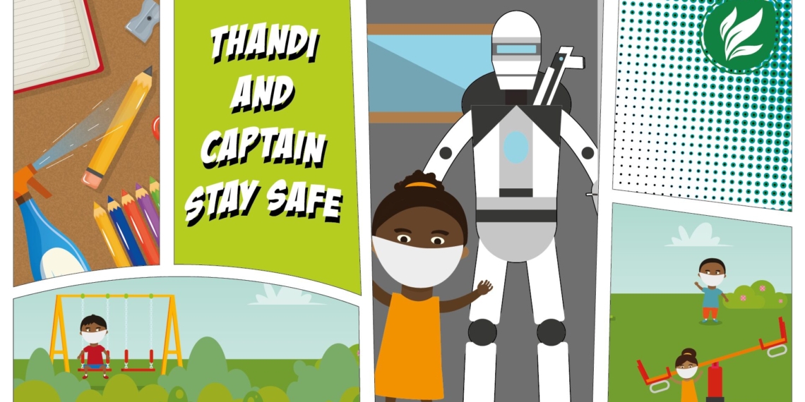 Eleven-year-old robot designer and entrepreneur Jan Louwrens created the character of Captain Stay Safe to help teach kids about covid-19 safety. Picture: YehBaby