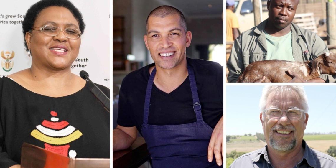 Pictured (from left): Thoko Didiza, minister of agriculture, land reform and rural development, Reuben Riffel, celebrity MasterChef, (top right) Emmanuel Mudau, award-winning indigenous goat farmer and Johan Hanekom, managing director of InteliGro. Photo: Supplied.