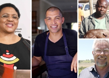 Pictured (from left): Thoko Didiza, minister of agriculture, land reform and rural development, Reuben Riffel, celebrity MasterChef, (top right) Emmanuel Mudau, award-winning indigenous goat farmer and Johan Hanekom, managing director of InteliGro. Photo: Supplied.