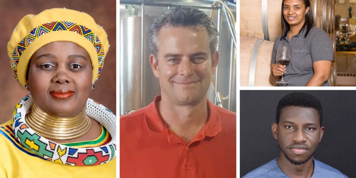 Pictured from the left are minister of tourism Mmamoloko Kubayi-Ngubane, owner of Woodstock Brewery André Viljoen, and (right, from the top) agriworker at Malleneux Wines Gynore Fredericks and executive director of AgroMinds Africa, Steven Odarteifio. Photo: Supplied