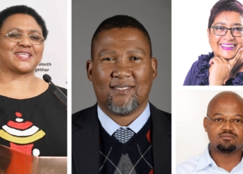 Pictured from left is Thoko Didiza, minister of agriculture, land reform and rural development, Nkosi Zwelivelile Mandela, chairperson of the portfolio committee on agriculture, land and rural development, (top right) Joyene Isaacs, chairperson of the Agricultural Research Council and (bottom right) Dr Boitshoko Ntshabele, new interim chairperson of Onderstepoort Biological Products. Photo: Supplied.