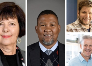 Pictured from left are Barbara Creecy, the minister of fisheries, forestry and the environment, Nkosi Zwelivelile Mandela, chairperson of the portfolio committee on agriculture, land and rural development, (top right) Gunter Schultz, Baleia Wines winemaker and general manager and (bottom right) Christo Pienaar, chairperson of the SA National Wine Show Association. Photo: Supplied.