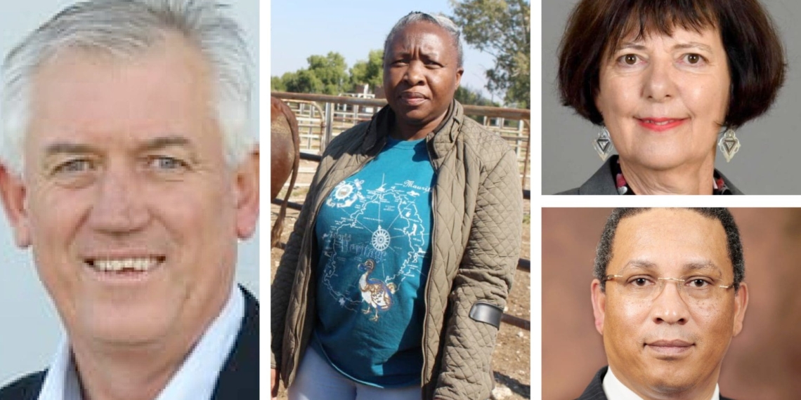 Pictured from left are Trevor Dukes, chairman of PMA Southern Africa, Desbo Mohono, North West MEC for Agriculture, (top right) Barbara Creecy, minister of fisheries, forestry and the environment and (bottom right) Dr Ivan Meyer, Western Cape minister of agriculture. Photo: Supplied