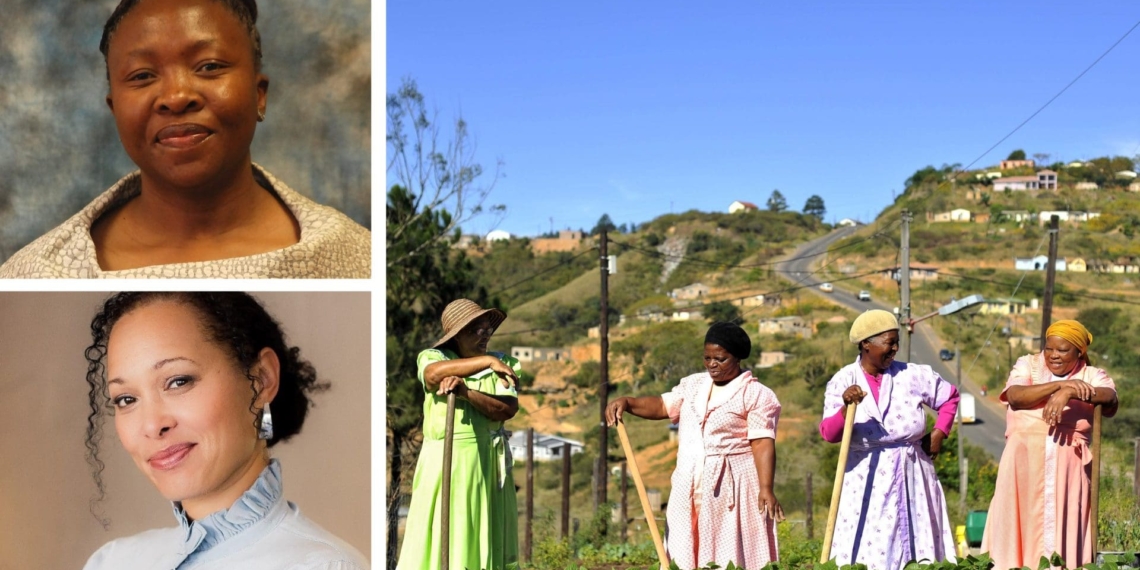 Pictured clockwise from the top left are Desbo Mohono, MEC for North West department of agriculture and rural development, a group of female farmers in KwaZulu-Natal and Ellen Fischat, managing director of Oribi Village. Photo: Supplied.