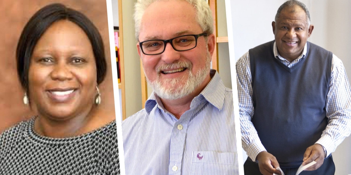 Pictured from left are Nomalungelo Gina, deputy minister for trade, industry, and competition, Julian May, director of the NRF-DST Centre of Excellence in Food Security at the University of the Western Cape, and Andy du Plessis, CEO of FoodForward SA. Photo: Supplied.
