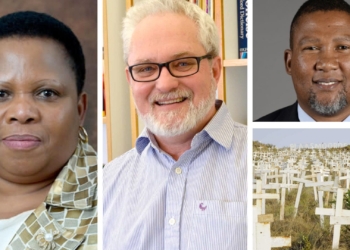 Pictured from left is Makhotso Sotyu, deputy minister of environment, forestry and fisheries, Makhotso Sotyu, Julian May, director of the NRF-DST Centre of Excellence in Food Security at the University of the Western Cape and (top right) Nkosi Zwelivelile Mandela, chairperson of the portfolio committee on agriculture, land and rural development. Photo: Supplied.