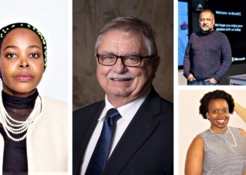 Pictured from left are Morakane Mosupyoe, Gauteng department of agriculture and rural development MEC, Pierre Vercueil, president of Agri SA, (top right) Asif Valley, national technology officer at Microsoft SA and (bottom right) Tshepo Fokane research and programs lead at PLAAS. Photo: Supplied.