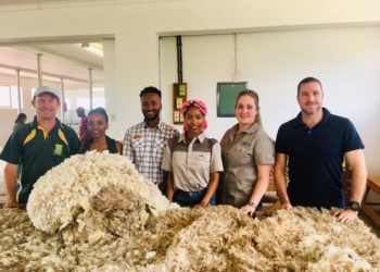 Fifteen students from the University of the Free State will directly benefit from a communal farmers project, including two PhD and three Master’s students. Pictured from the left are Andries Strauss, Ketshepileone Matlhoko, Bonga Madyibi, Alina Ntsipane, Michelle Marais and Dr Jan Swanepoel. Photo: Supplied