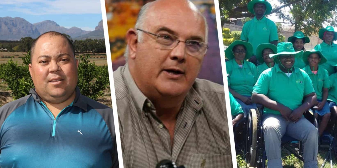 Pictured (from left) are Wayne Mansfield, Western Cape citrus farmer, Dr. Theo de Jager, president, World Farmer’s Organisation, and participants of Project Ithemba. Photo: Supplied.