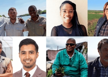 The agricultural sector is filled with stories of inspiration. Pictured clockwise from the top left are Free State farming “brothers” Buzwe Pama, Pieter van Heerden and Buchule Jack, Grain SA economist Ikageng Maluleke, Western Cape grain farmer Alfreda Mars, VKB director and farmer Coenraad Fick, township gardener Vuyo Tsika, exporter Uzair Essack and aquaponics pioneer Mosesi Mosesi. Photos: Supplied