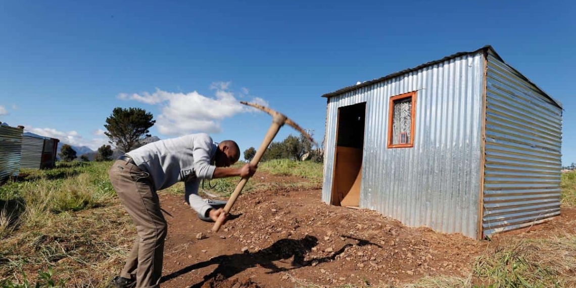 A man builds an illegally erected shack during a land invasion on the property of Louiesenhof Wine farm in the heart of the major wine producing region of Stellenbosch. Photo: Supplied/EPA