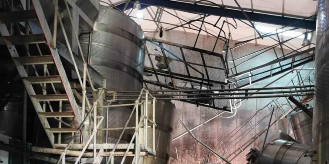 A stand on which a wine tank rested caved in at Darling Cellars in the Western Cape. Photo: Supplied/Food For Mzansi