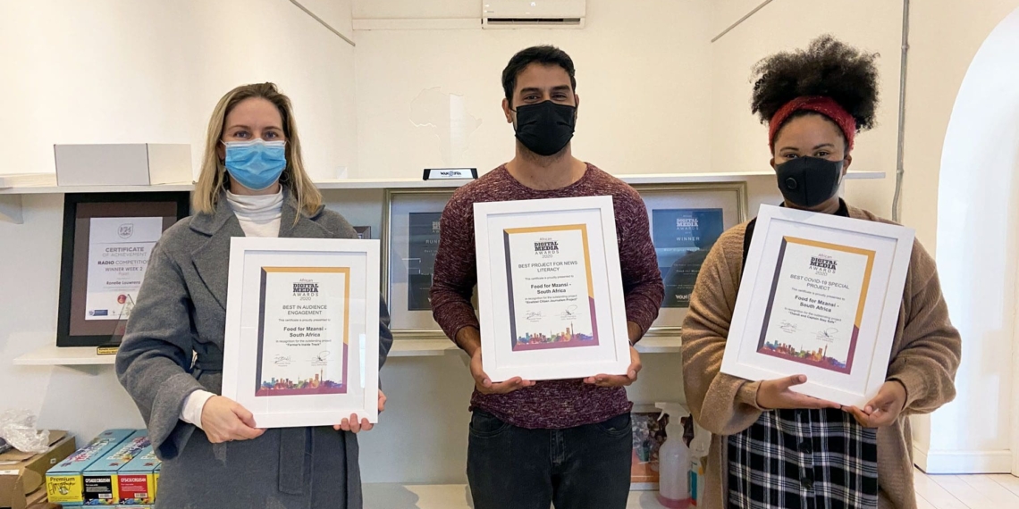 Celebrating Food For Mzansi’s numerous journalism awards are YehBaby chief executive Ronelle Louwrens, Joën Cornelissen and Nicole Ludolph. Among the awards count recognition for the “For the love of the land” documentary series. Photo: Food For Mzansi