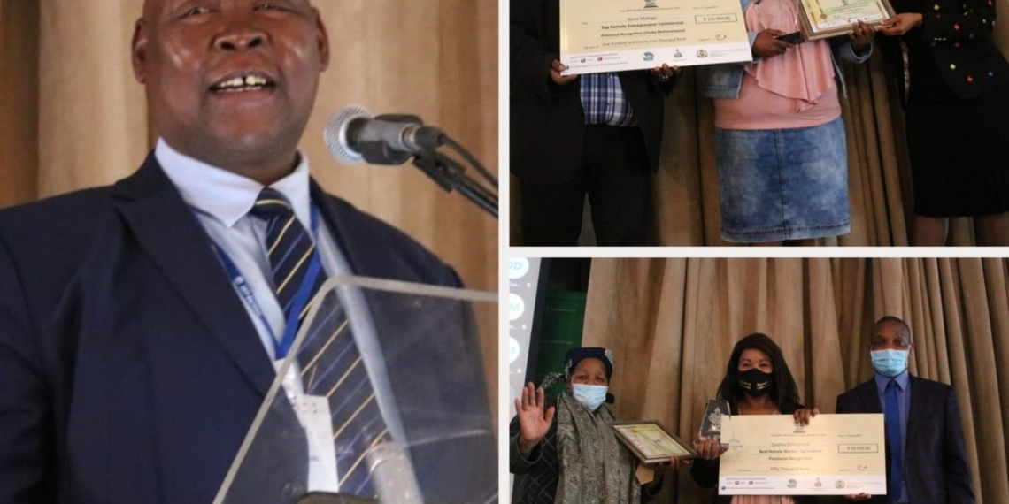 Free State minister of agriculture and rural development William Bulwane (left) hosted a prestigious event where awards and prize money were handed to the province's stars among women in agriculture on Monday. (Top right) Nono Mohapi, winner in the Top Female Entrepreneur Commercial Category (bottom right) Cynthia Mokhamudi, winner in the Best Female Worker Category. Photo: Supplied/Food For Mzansi