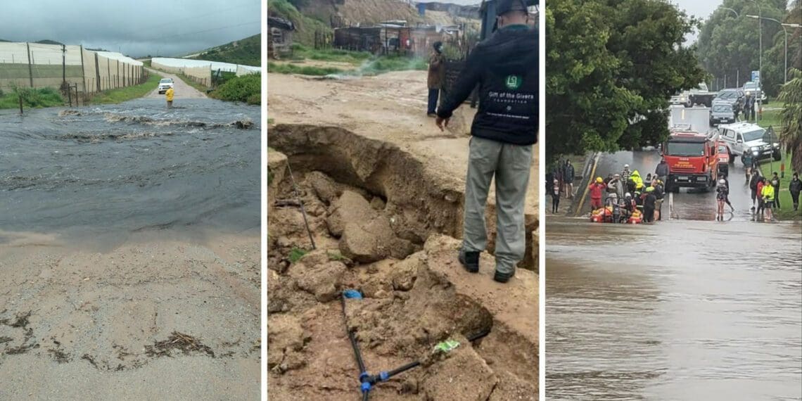 Heavy flooding occurred in George this week. From the left: Flooding on a farm near Hartenbos, sent to Agri Western Cape by Henry Meyer; a photo taken by Gift of the Givers of flash-flood erosion in the township of Thembalethu in George; and a photo by the NSRI of their volunteers assisting local authorities to rescue residents trapped in floodwaters in town. Photos: Supplied