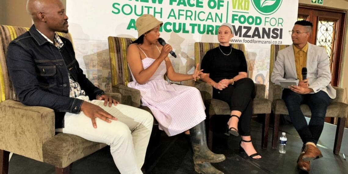 Some of SA's top young farmers joined Food For Mzansi's Head of News, Duncan Masiwa (far right) to discuss youth in sustainable agriculture. (From left) Andile Ngcobo, Gugulethu Mhlangu and Annelea van Niekerk. Photo: Supplied/Food For Mzansi