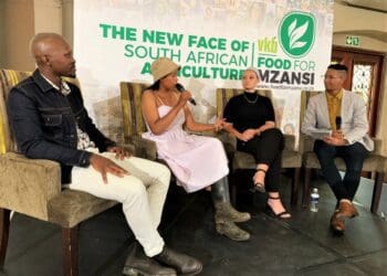 Some of SA's top young farmers joined Food For Mzansi's Head of News, Duncan Masiwa (far right) to discuss youth in sustainable agriculture. (From left) Andile Ngcobo, Gugulethu Mhlangu and Annelea van Niekerk. Photo: Supplied/Food For Mzansi