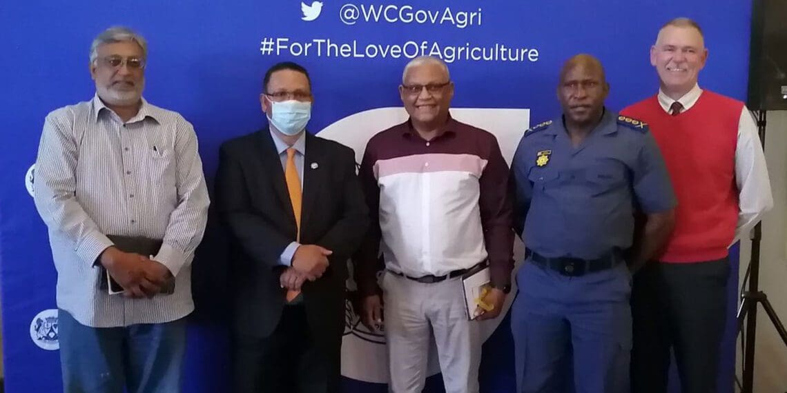 AFASA's Western Cape representative, Ismail Mtotala, Western Cape agriculture MEC Ivan Meyer, chairperson of the Western Cape Agri-workers Forum Wimpie Pauls, SAPS Major-General Thembisile Patekile and chairperson of the Agri SA rural safety centre of excellence, Uys van der Westhuijzen. Photo: Supplied/Food For Mzansi