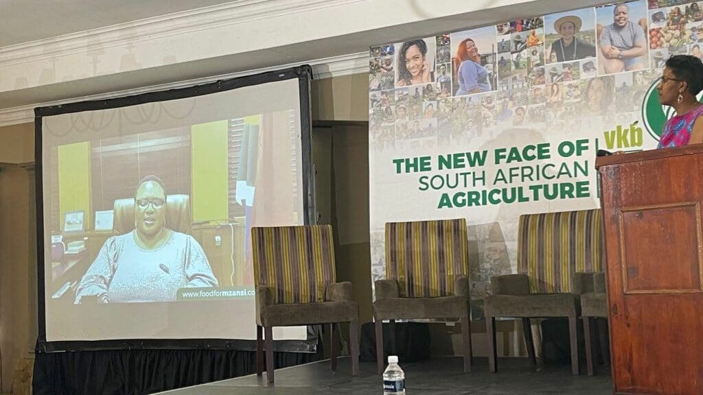 Summit on sustainable agriculture in Africa: Minister Thoko Didiza addresses the summit remotely, with Dawn Noemdoe, Food For Mzansi's editor for audience engagement hosting the event. Photo: Food For Mzansi