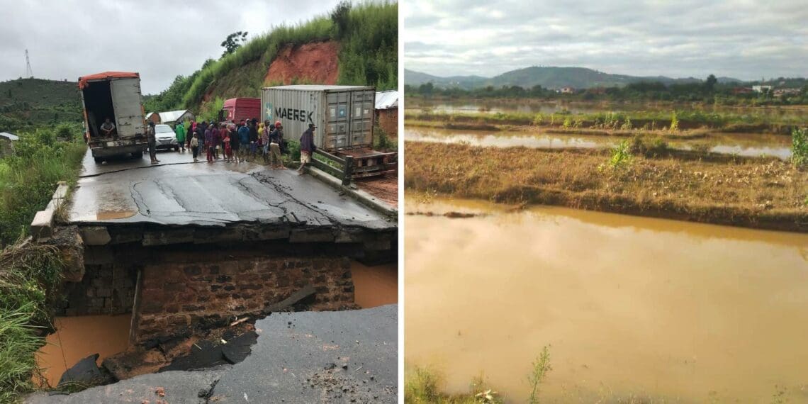 Many roads in rural areas of Madagascar have been destroyed, while farmers have had to watch from afar how their field crops get submerged under water. Photo: Supplied/Money For Madagascar