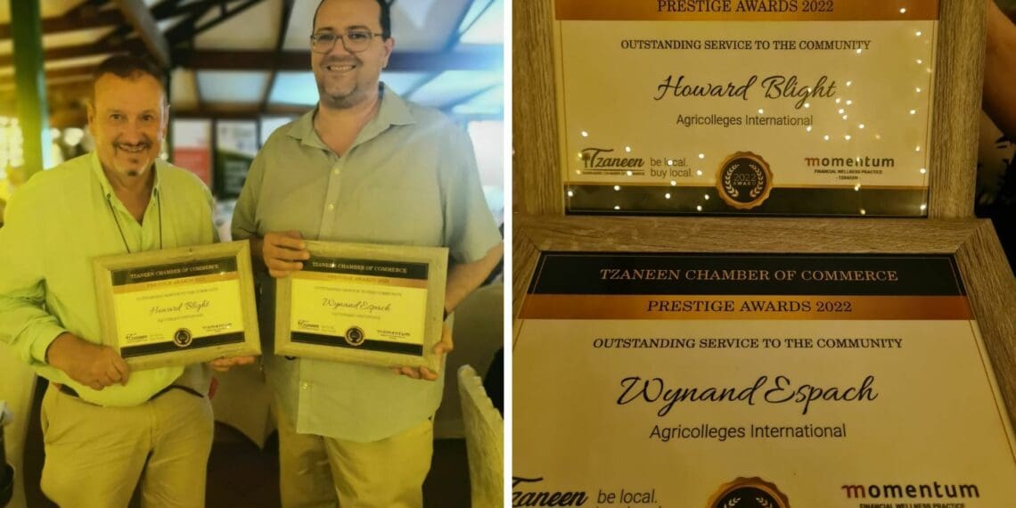 Howard Blight, the founder and CEO of AGRICOLLEGES international, and his COO, Wynand Espach, were honoured by the Tzaneen Chamber of Commerce. Photos: Supplied/Food For Mzansi