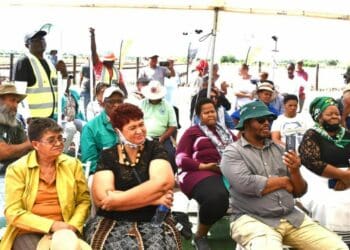 Northern Cape farmers being addressed by the MEC for agriculture, environmental affairs, rural development and land reform, Mase Manopole. Photo: Supplied/Food For Mzansi