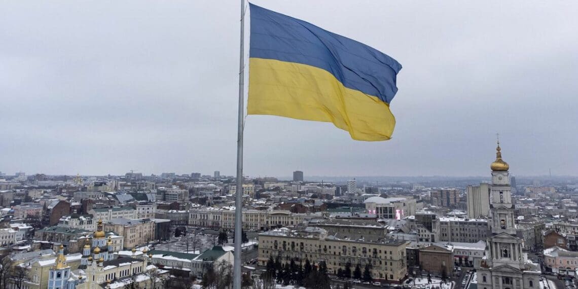 The yellow-blue Ukrainian flag hovers above the capital Kyiv as emergency meetings are being held across the world following the attack by Russia. Photo: Supplied/Food For Mzansi