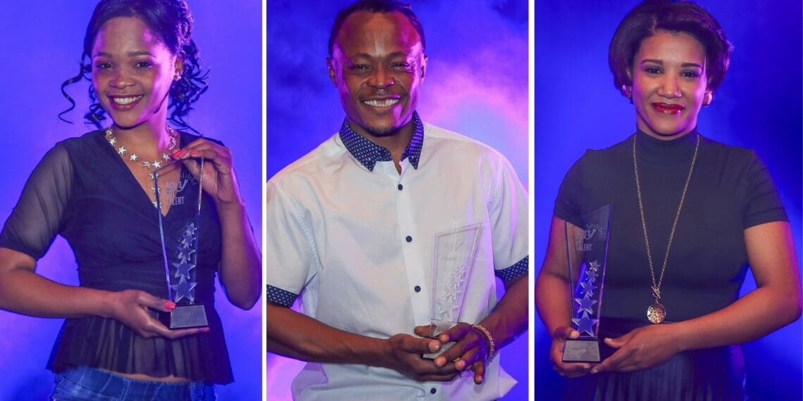 Winners in the 2021 Agri’s Got Talent Competition. (From left)Jack Jonas, faith Nogemane (a general worker from Wildekrans Wine Estate, Botriver became the 8th winner of the competition) and Ronel Radloff. Photo: Supplied/Food For Mzansi