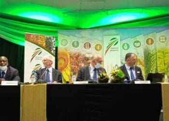 About 200 delegates are currently at Grain SA's annual congress. Pictured here are, from left to right, deputy chairman Ramosadi Monaisa, Grain SA official Nico Vermaak, chairman Derek Matthews, CEO Dr Pieter Taljaard and deputy chairman Richard Krige. Photo: Tiisetso Manoko/Food For Mzansi
