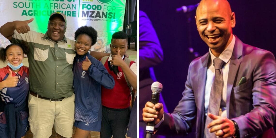 Food For Mzansi’s upcoming AgriCareers exhibitions will be hosted by rapper and actor Jerome Rex (pictured right). Featured at the recent Kroonstad event were farmer Nkosana Mtambo and about 500 Free State learners. Photo: Ivor Price/Food For Mzansi