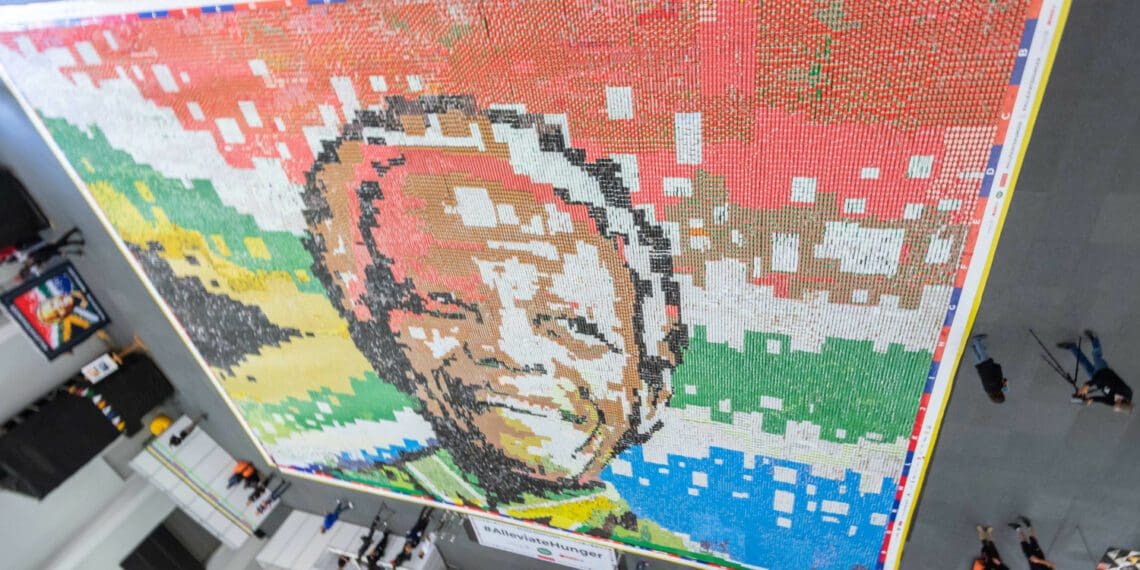 A view from above on the mosaic created entirely out of cans of food at Cape Town's CTICC. Photo: Supplied/Food For Mzansi