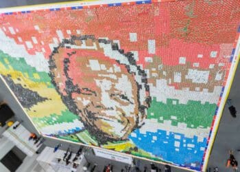 A view from above on the mosaic created entirely out of cans of food at Cape Town's CTICC. Photo: Supplied/Food For Mzansi