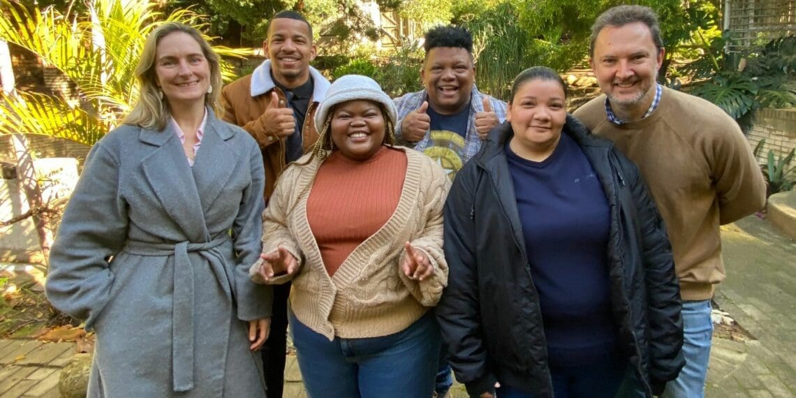 Members of the Food For Mzansi Group celebrates its three nominations in the 2022 African Digital Media Awards. From the left are YehBaby chief executive Ronelle Louwrens, sales and marketing representative Trevino Hefca, Health For Mzansi head of news Noluthando Ngcakani, editor-in-chief Ivor Price, audio producer Meagan van der Vent and strategy director Kobus Louwrens. Photo: Ricardo Silva/YehBaby