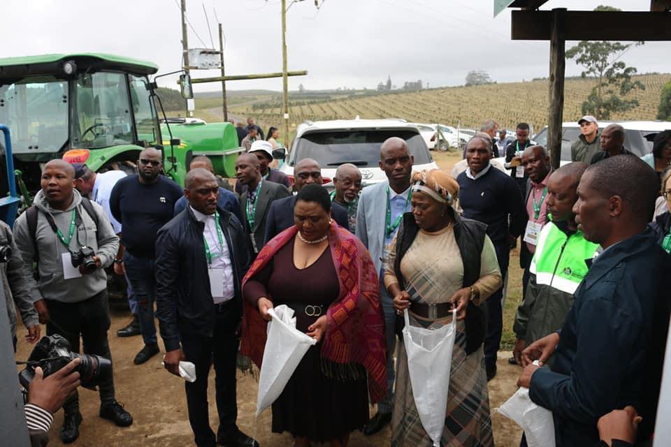 The successful land claim in KwaZulu-Natal benefits over 1 600 people and Didiza toured the facilities that produce timber, macadamia nuts and bananas. Photo: Supplied/Food For Mzansi