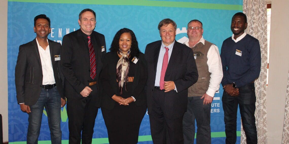 Gathered at the South African Institute of Agricultural Engineers (SAIAE) event were, from the left, Raisha Naidu (vice-president of the SAIAE), Clinton Heiman (deputy general for spatial planning and land use management in the department of agriculture, land reform and rural development), Refiloe Buthelezi (president of the Engineering Council of South Africa), Remigio Berruto (president of the International Commission of Agricultural and Biosystem Engineering), Darel de Wet (secretary of the SAIAE) and Thabo Mavundza (president of the SAIAE). Photo: Supplied/Food For Mzansi