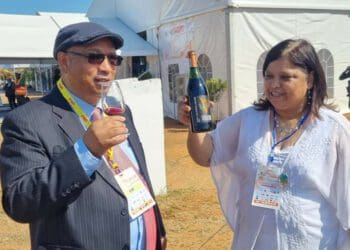 Western Cape agriculture MEC Dr Ivan Meyer and Thokozani Wines managing director Denise Stubbs during a recent trade mission to Mozambique. Photo: Supplied/Thokozani Wines