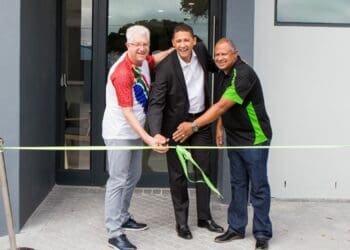 Food-donation policy: Celebrating FoodForward SA’s new food-banking facility in Cape Town is Western Cape premier Alan Winde, Gamiro director Crispin Sonn and FoodForward SA managing director Andy du Plessis. Photo: Supplied/ Rezaine Desai