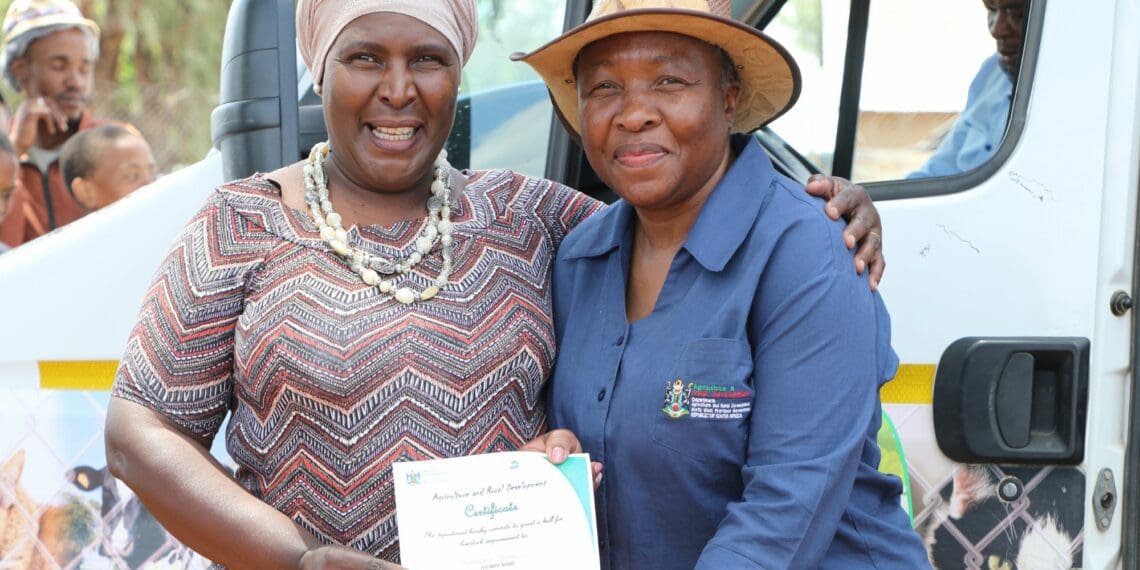 Desbo Mohono, the MEC for agriculture and rural development in North West, handed over bull certificates to increase the number of producers in the red meat industry programme within the district. Photo: Supplied/Food For Mzansi